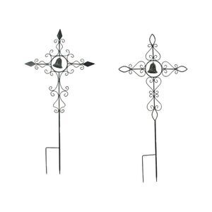 Set of 2 Bronze Finished Scroll Design Metal Garden Stakes With Wind Bells